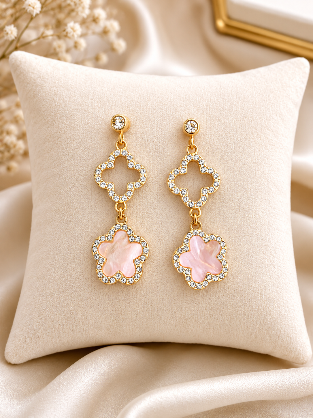 Pink Clover Crystal Drop Earrings – Gold Plated ( E 5 )