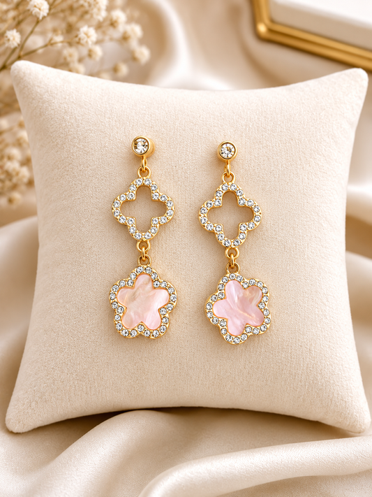 Pink Clover Crystal Drop Earrings – Gold Plated ( E 5 )