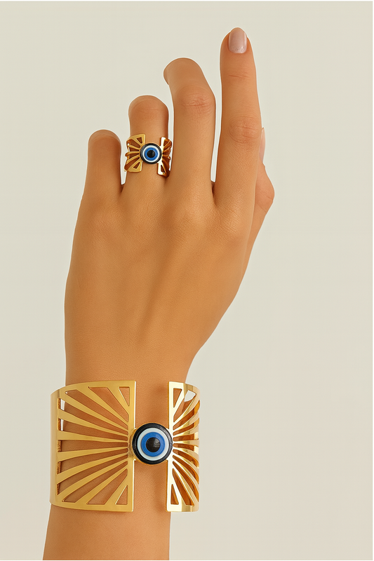 Vintage-Inspired Women’s Eye Motif Ring & Bracelet Set – Alloy, Blue & Gold Accents