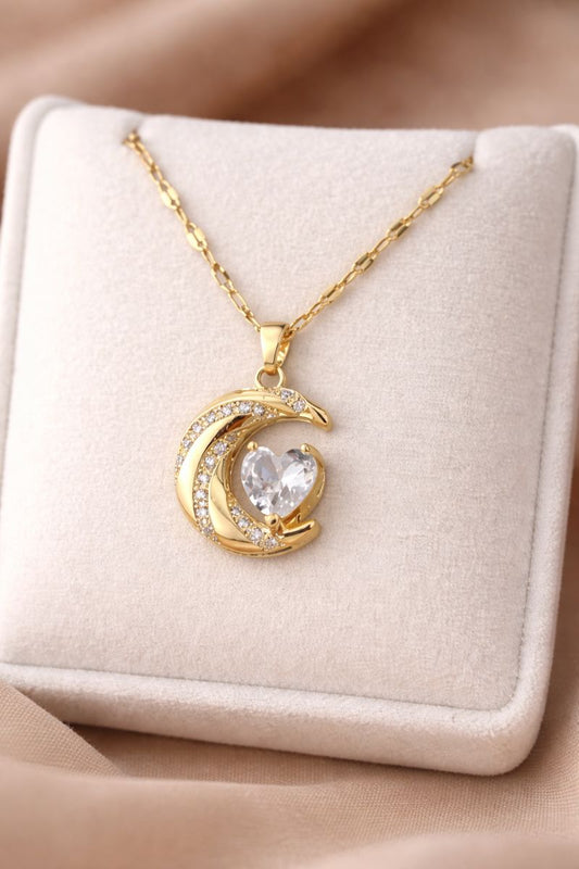 Gold Plated  Crescent Moon & Heart Pendant Necklace