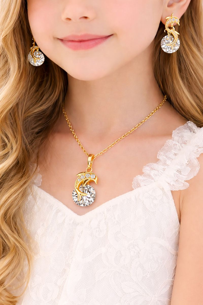 Gold Plated  Dolphin Necklace & Earrings Set with Crystal Zircon ( Code 22-174)