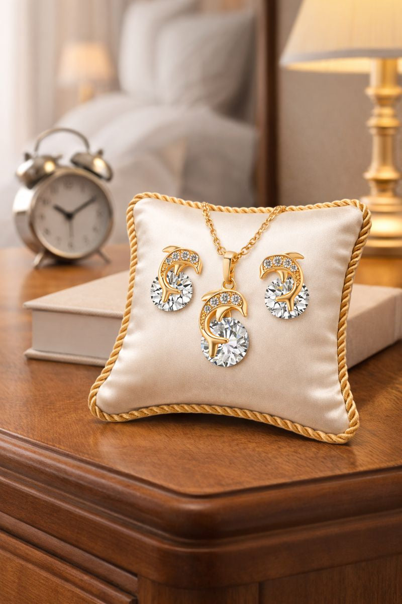 Gold Plated  Dolphin Necklace & Earrings Set with Crystal Zircon ( Code 22-174)