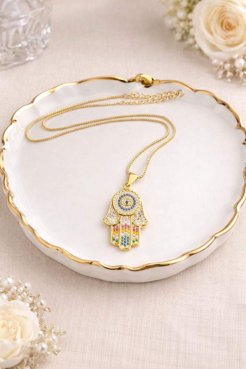Gold Plated Hamsa Evil Eye Necklace – Multicolour Zircon ( code 15-118)