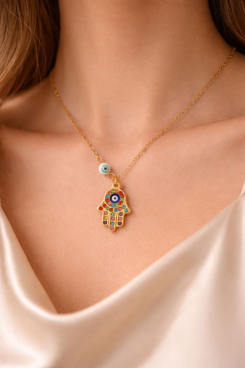 Gold Plated Coloured Hamsa Evil Eye Necklace(code 117)