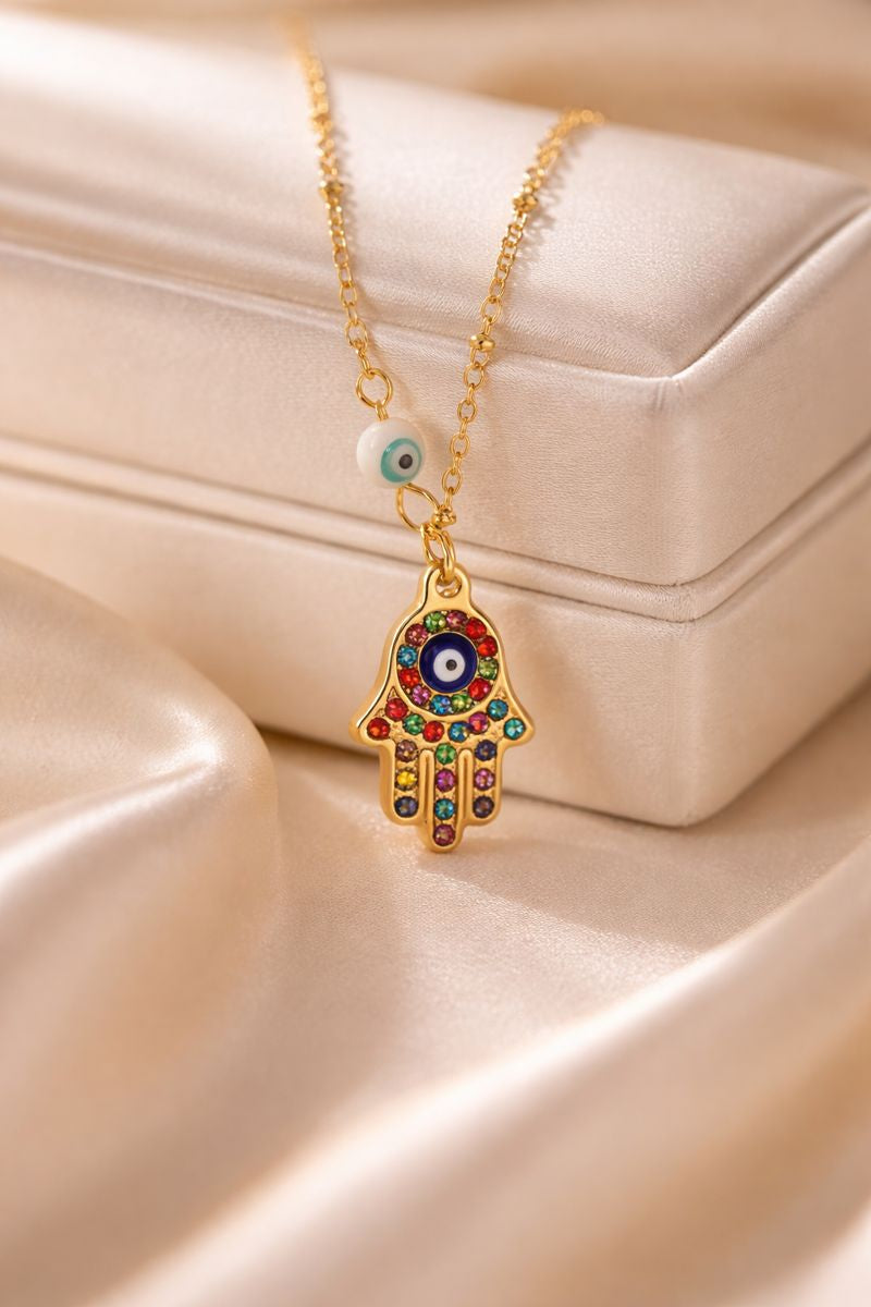 Gold Plated Coloured Hamsa Evil Eye Necklace(code 117)