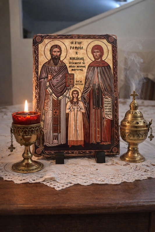 Orthodox Icon of Saints Raphael, Nicholas & Irene / Ορθόδοξη Εικόνα των Αγίων Ραφαήλ, Νικολάου και Ειρήνης