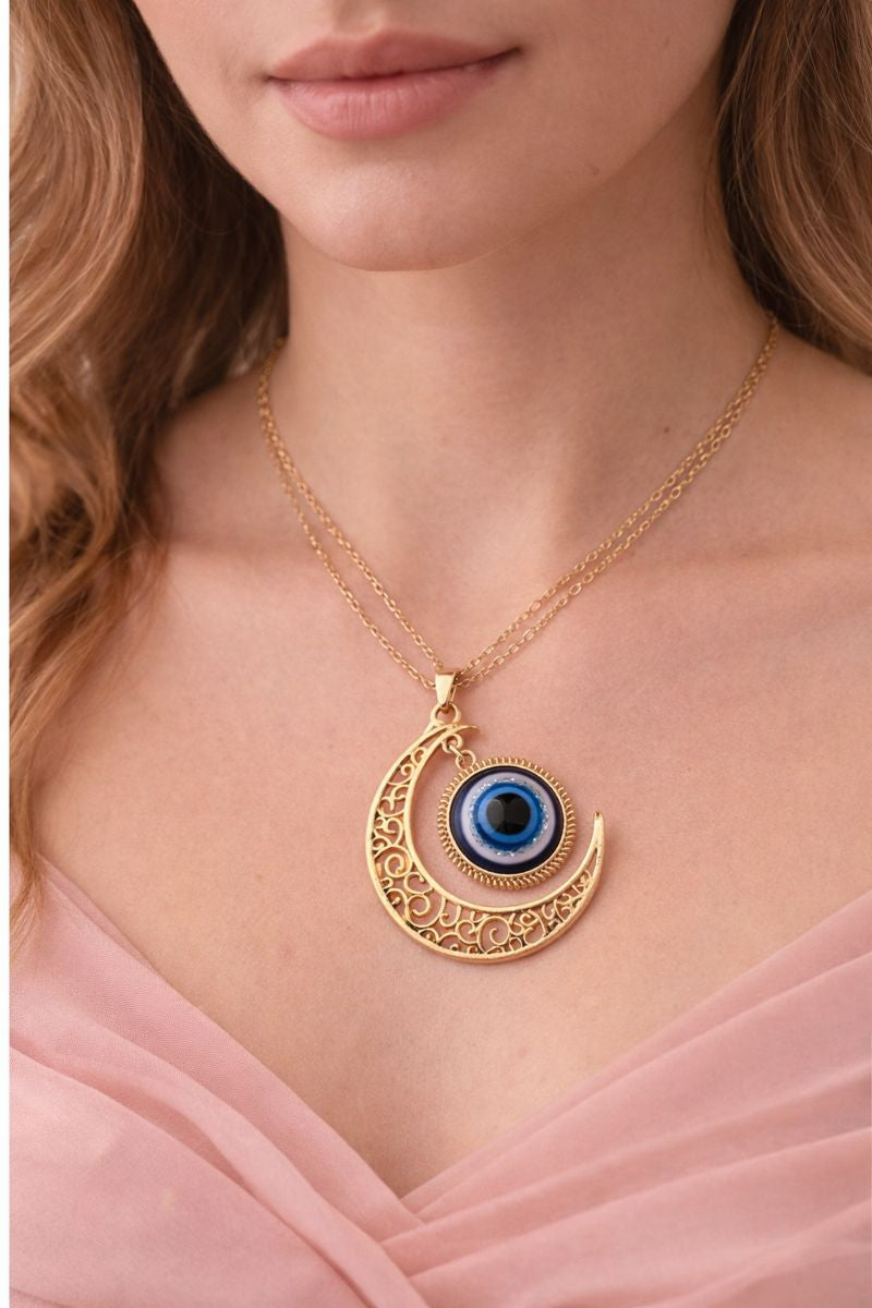 Crescent Moon Evil Eye Necklace – Gold Tone