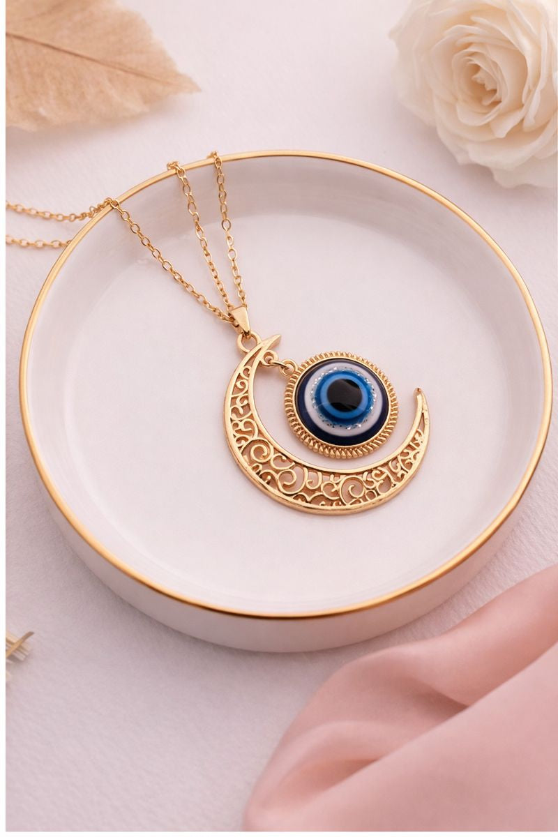 Crescent Moon Evil Eye Necklace – Gold Tone