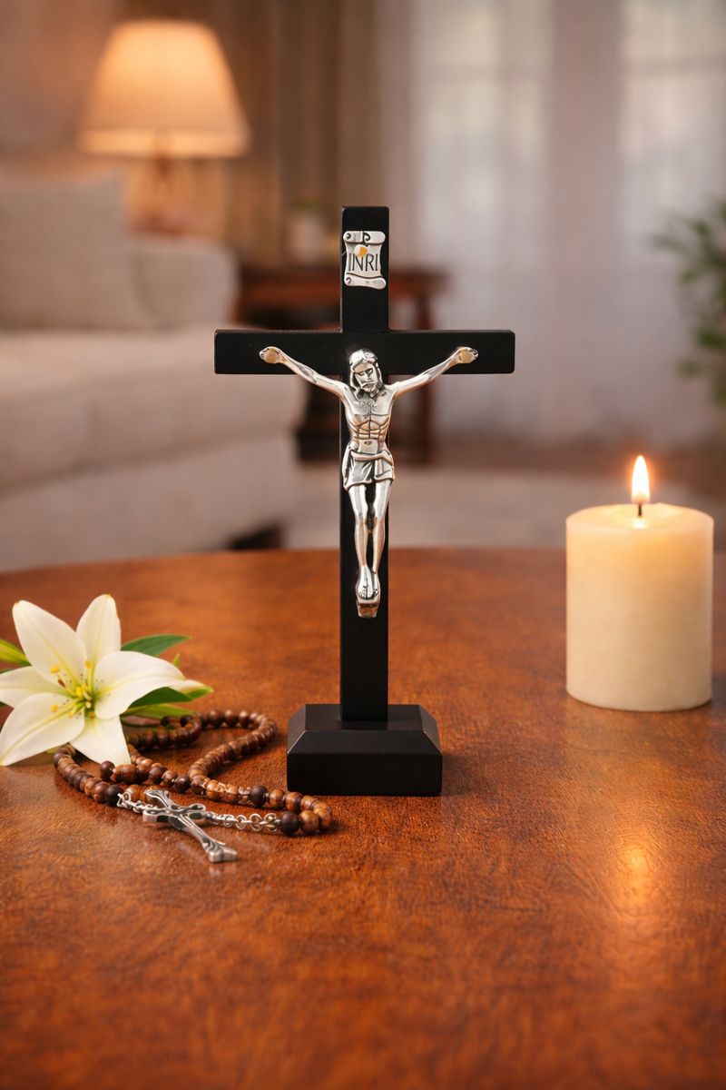 Wooden Crucifix with Silver Corpus    10.7cm x5.9cm
