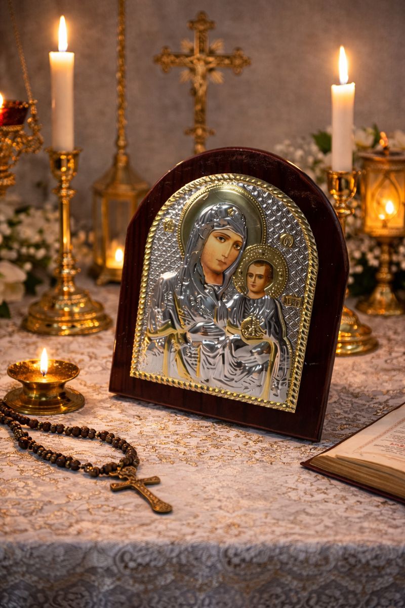 Silver Icon of the Virgin Mary & Child – Wooden Base