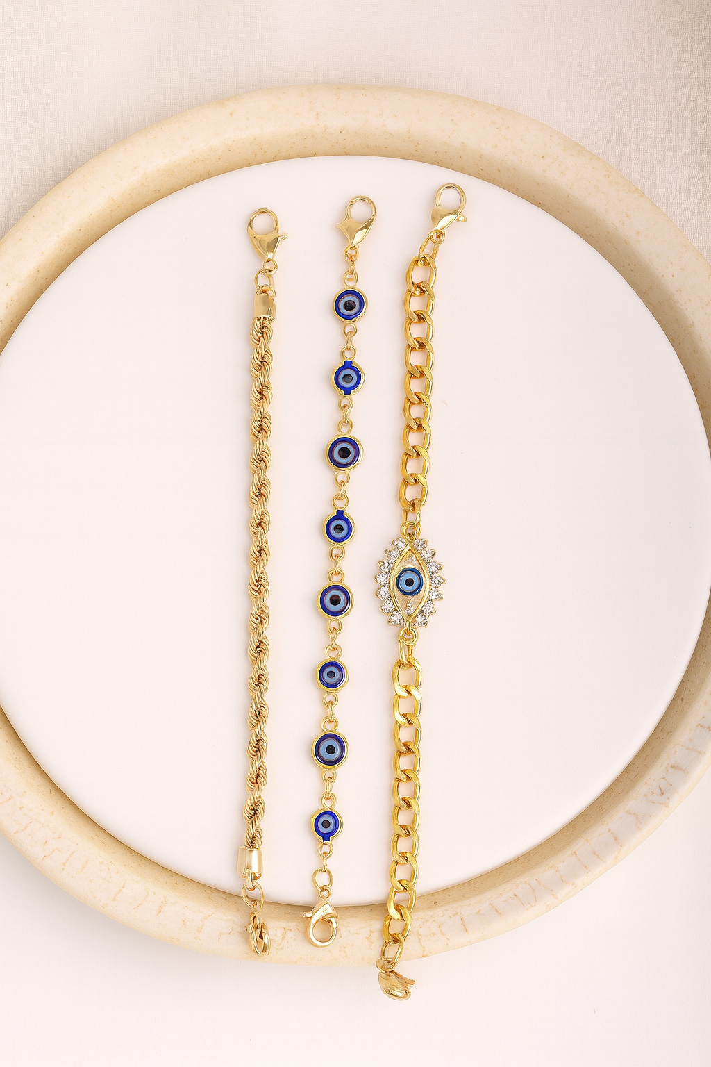 3-Piece Evil Eye Women’s Bracelet Set – Blue & Gold Beads, Turquoise Accents & Charms