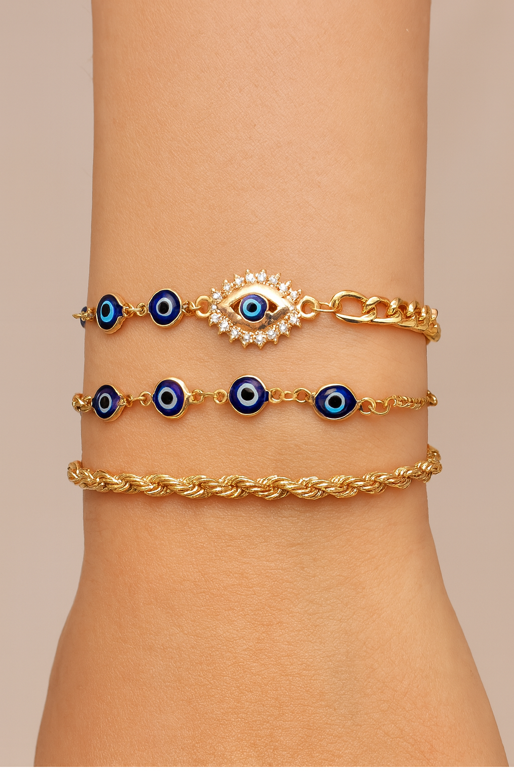 3-Piece Evil Eye Women’s Bracelet Set – Blue & Gold Beads, Turquoise Accents & Charms
