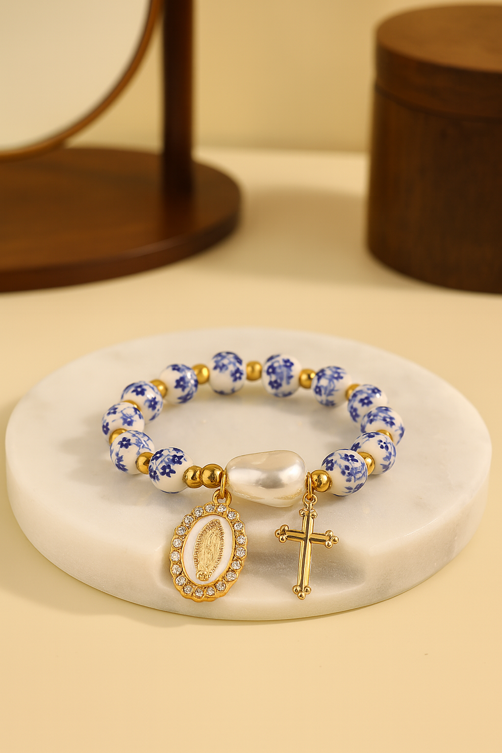 Blue & White Porcelain Beads with Gold Accents