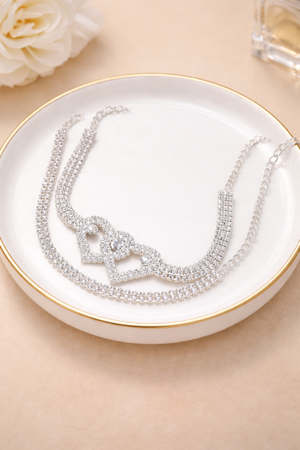 Double Love Heart Inlay Shiny Zirconia Chain Anklet Set