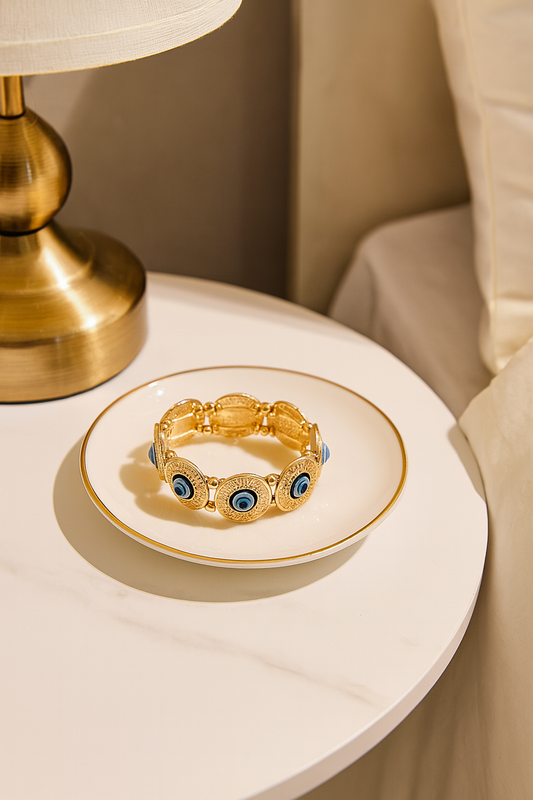 Elegant Golden-Tone Spiral Stretch Bracelet with Evil Eye Charm  ( Code 13-98)