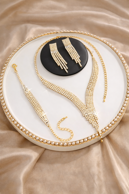 Popular European & American Full Rhinestone Tassel Bridal Jewelry Set (3-Piece)