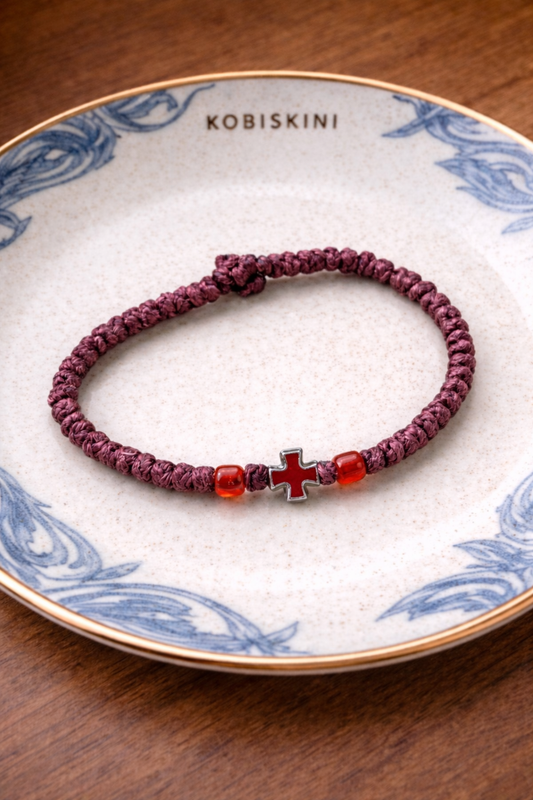 Burgandy Cross Bracelet with Red Beads (Code 2-13)
