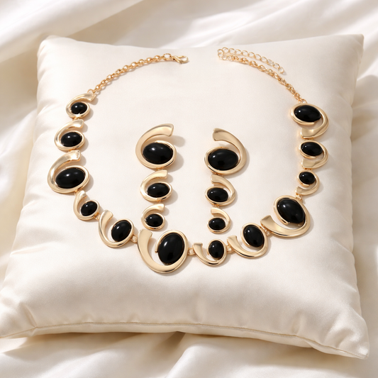 Vintage Luxe Black Oval Gemstone Statement Necklace & Earrings Set