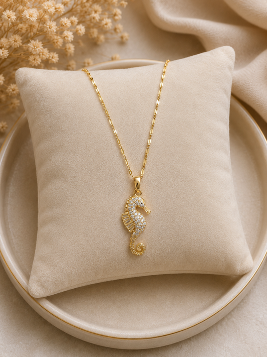 Gold Plated  Seahorse Pendant Necklace – Elegant Crystal Necklace