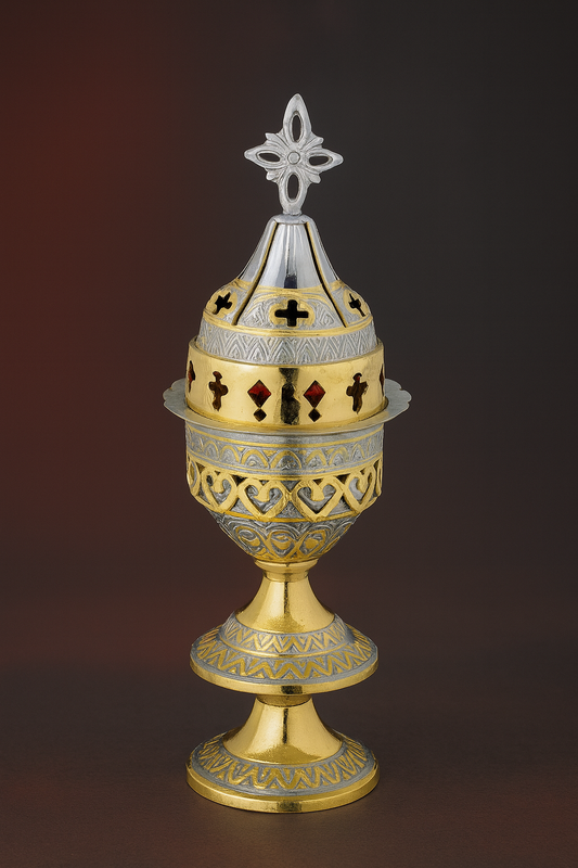 Ornate Gold & Silver Kandili with Red Glass Inlays