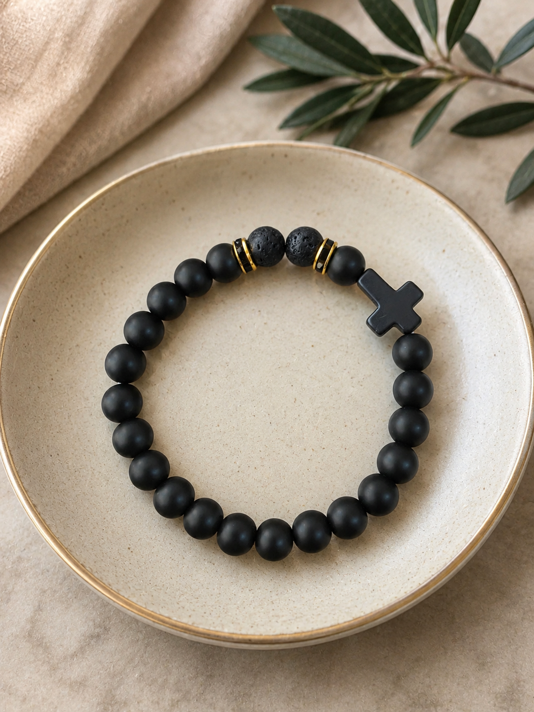 Black Matte Cross Beaded Bracelet with Lava Stone Accents ( B 4 )