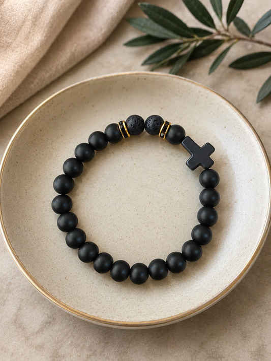 Black Matte Cross Beaded Bracelet with Lava Stone Accents ( B 4 )