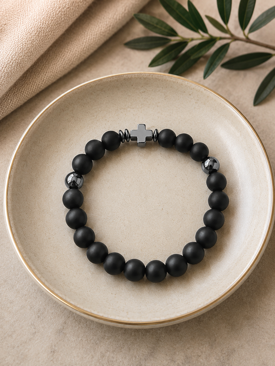 Matte Black Beaded Bracelet with Metallic Cross ( B 6 )