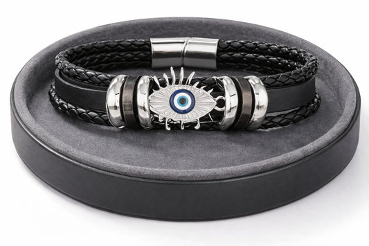 Black Braided Leather Evil Eye  Bracelet
