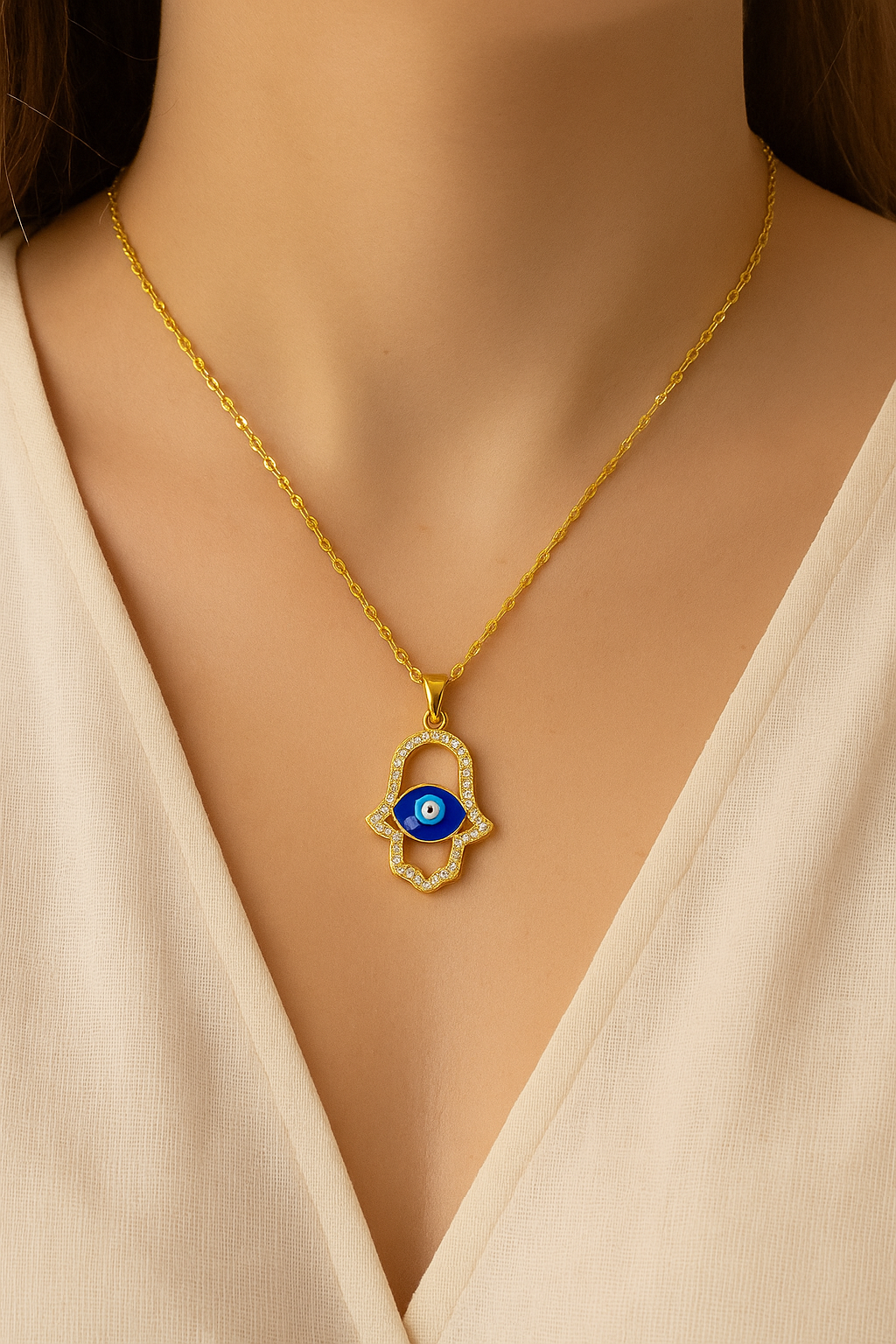 Stainless Steel Zirconia Stone Hollow Palm Eyes Pendant Necklace (Code 9-68)
