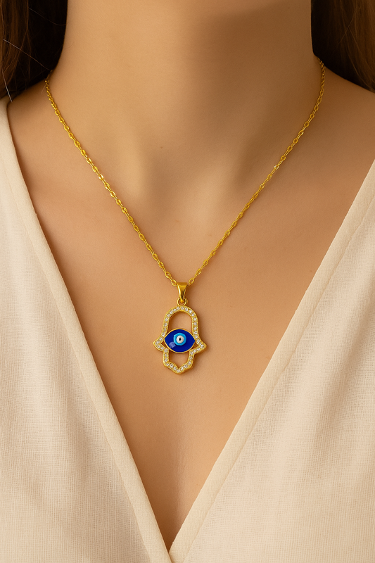 Stainless Steel Zirconia Stone Hollow Palm Eyes Pendant Necklace (Code 9-68)
