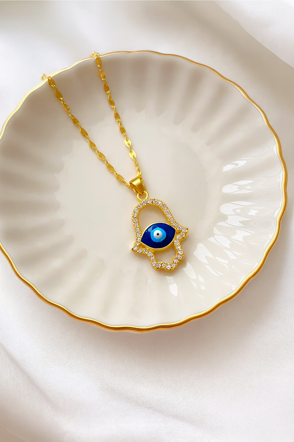 Stainless Steel Zirconia Stone Hollow Palm Eyes Pendant Necklace (Code 9-68)