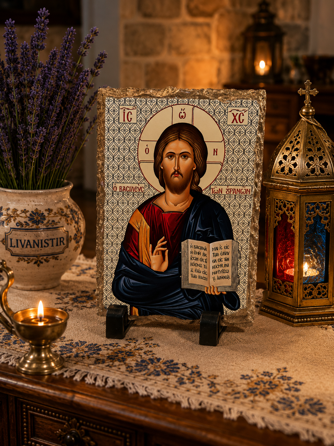 Christ Pantocrator Orthodox Icon on Natural Slate Plaque