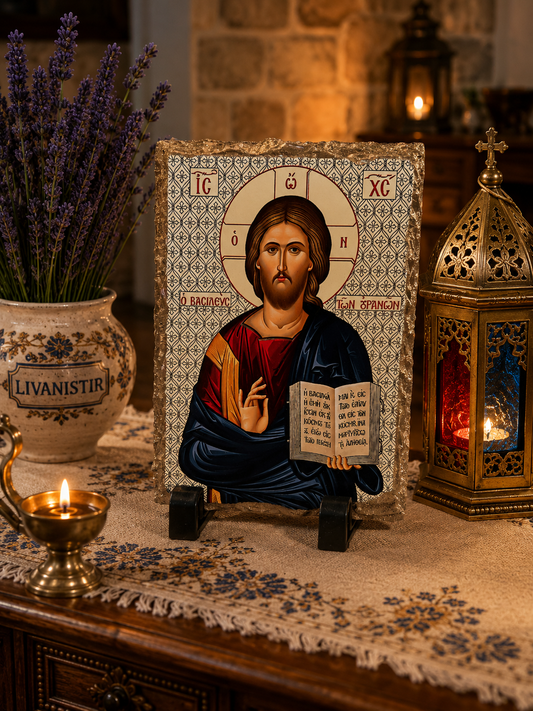 Christ Pantocrator Orthodox Icon on Natural Slate Plaque