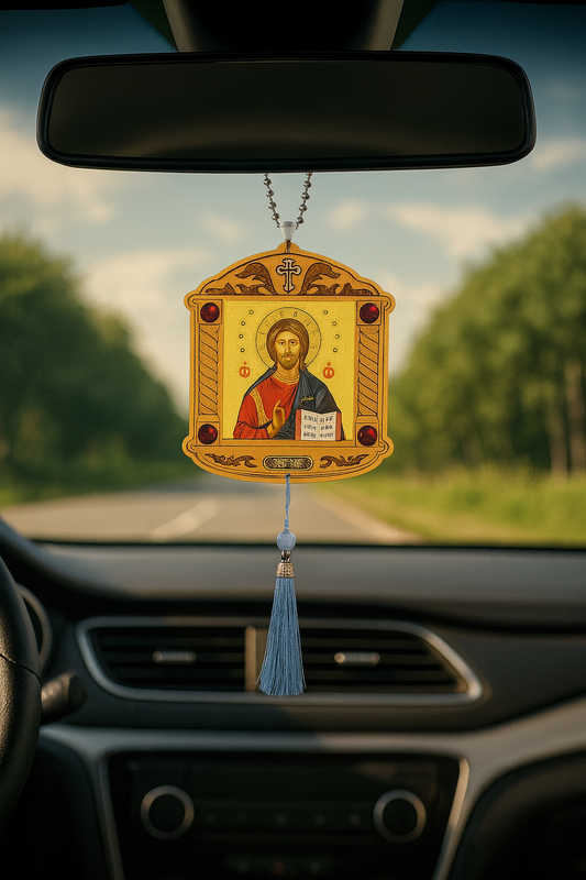 Orthodox Car Hanging Icons – Virgin Mary & Child + Jesus Christ Pantocrator