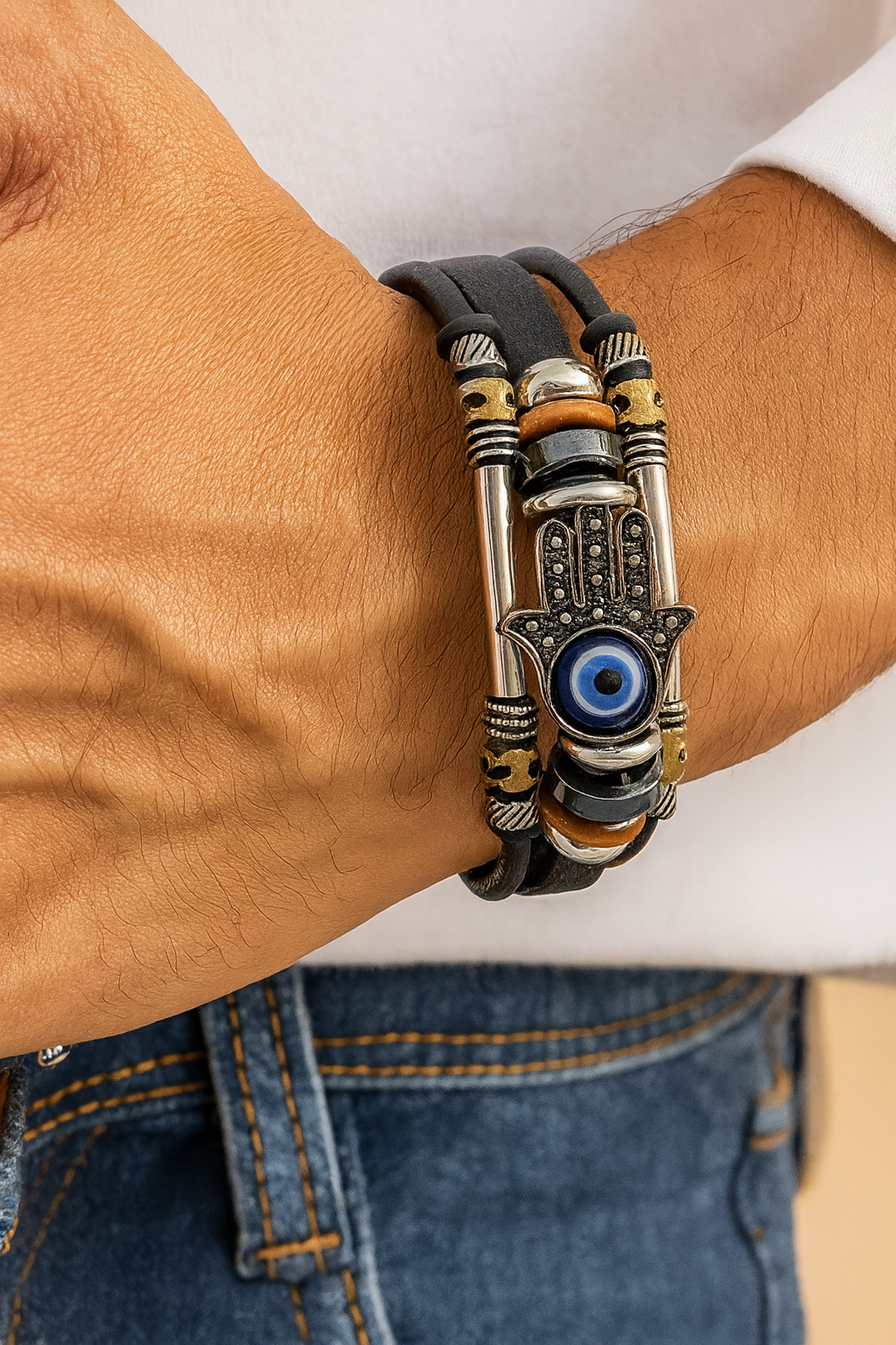 Bracelet with Blue Evil Eye – Genuine Leather & Stainless Steel (Code 6-46)
