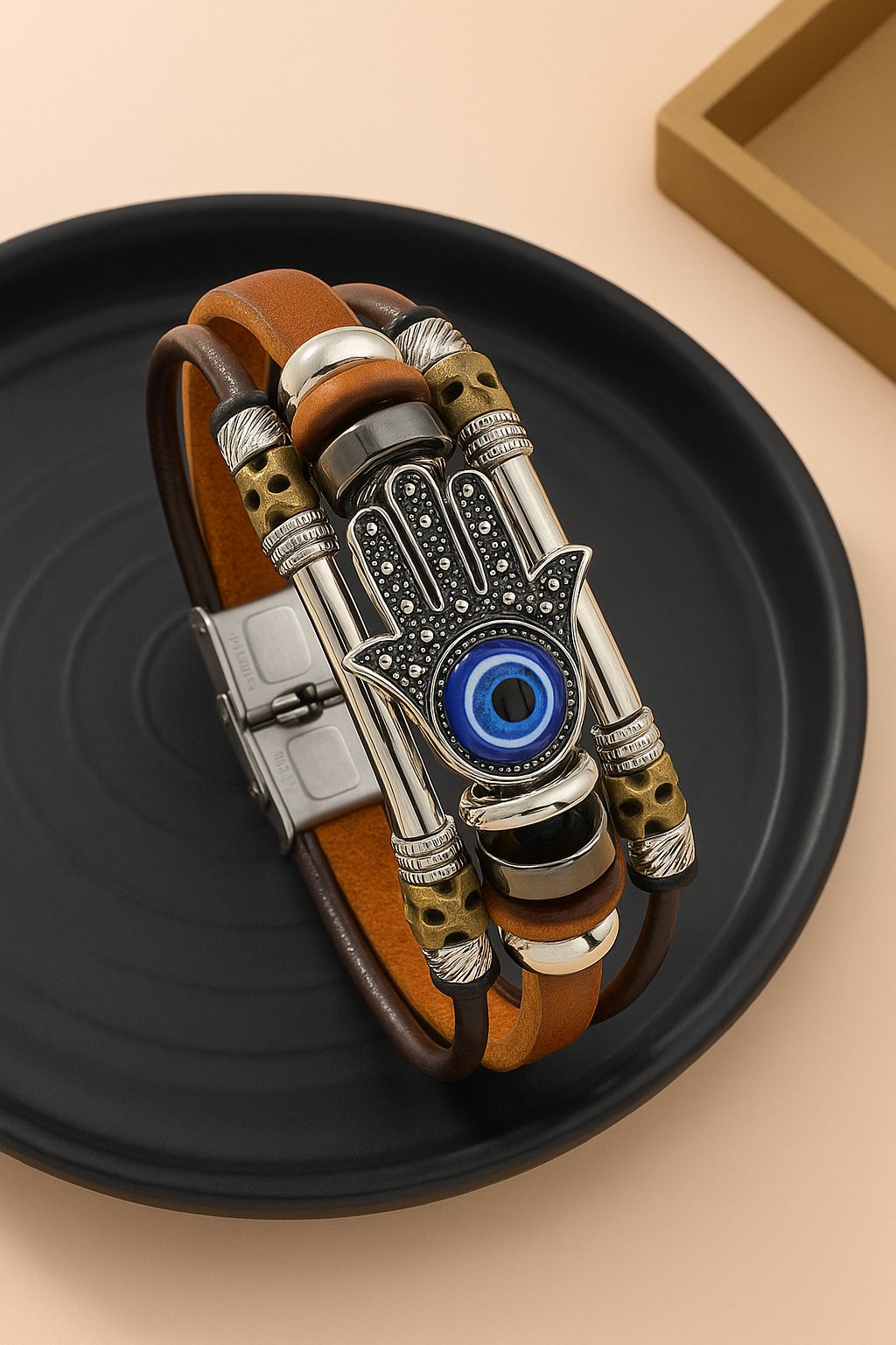 Bracelet with Blue Evil Eye – Genuine Leather & Stainless Steel (Code 6-46)