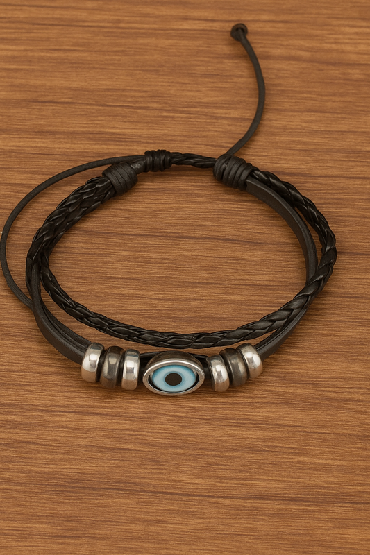 Black Braided Leather Evil Eye Heart Bracelet