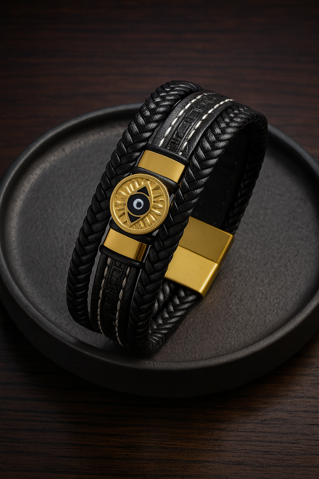 Men's Bohemian Braided Bracelet with Evil Eye Charm – Black & Gold (Code 6-47,48)