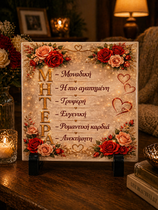 “MHTERA (Mother)” Greek Meaning Plaque – Floral Decorative Gift for Mum