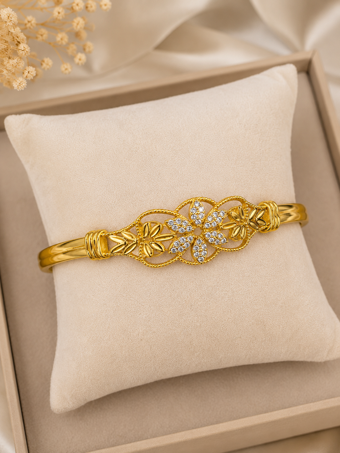 Gold Plated Crystal Floral Bangle Bracelet