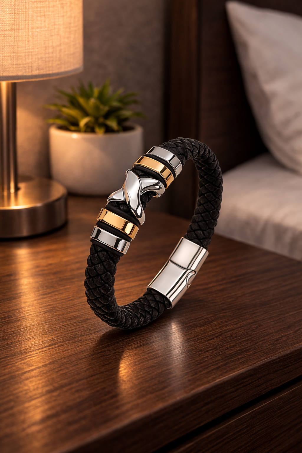 Braided Bracelet for Men – Silvery & Golden Accent Cuff