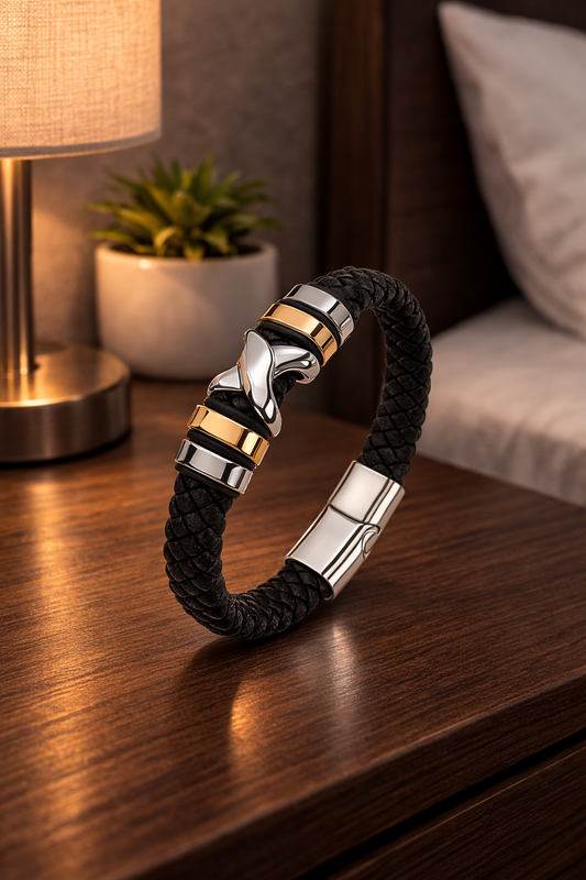 Braided Bracelet for Men – Silvery & Golden Accent Cuff