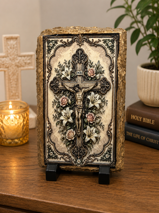 Crucifix with Floral Cross Religious Slate Plaque
