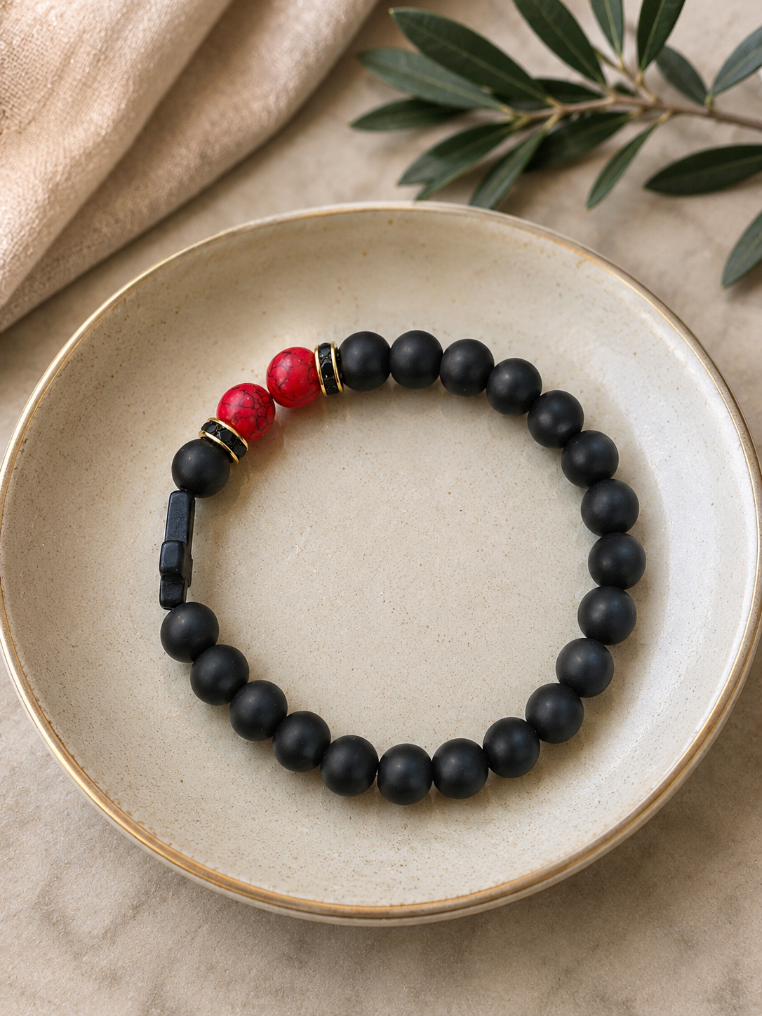 Black Matte Cross Beaded Bracelet with Lava Stone Accents ( B 4 )
