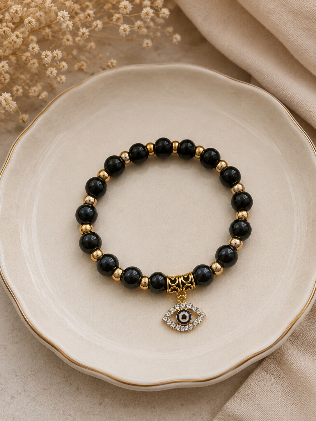 Black Beaded Evil Eye Bracelet – Gold-Tone Protection Charm ( B 26 )