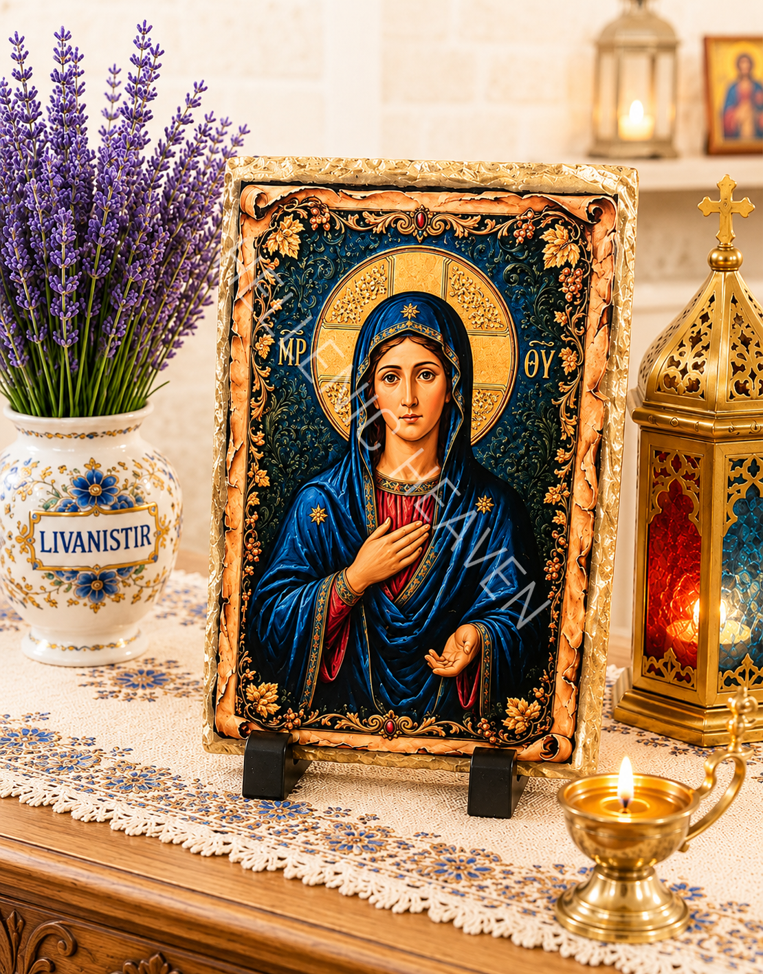 Virgin Mary Orthodox Icon on Natural Slate Plaque CODE (O28)