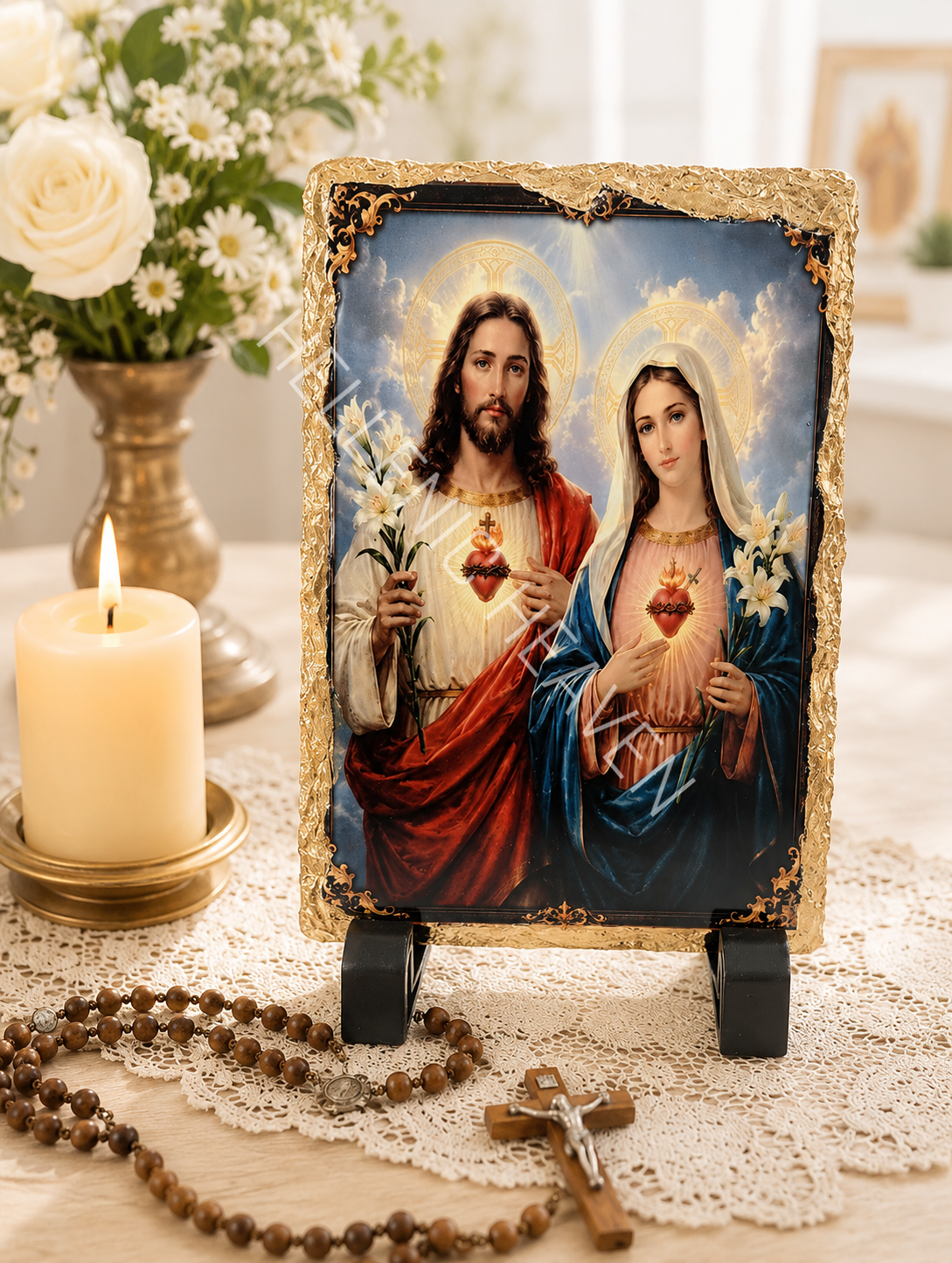 Sacred Heart of Jesus & Virgin Mary on Natural Slate CRI (1)