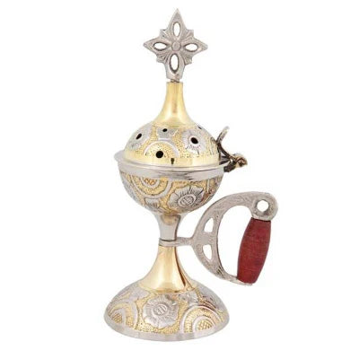 Two-Tone Orthodox Table Censer with Wooden Handle – Θυμιατό Τραπεζίου