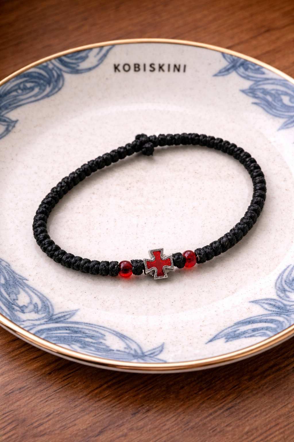 Black Bracelet Red Cross with Red Beads (Code 2-14)