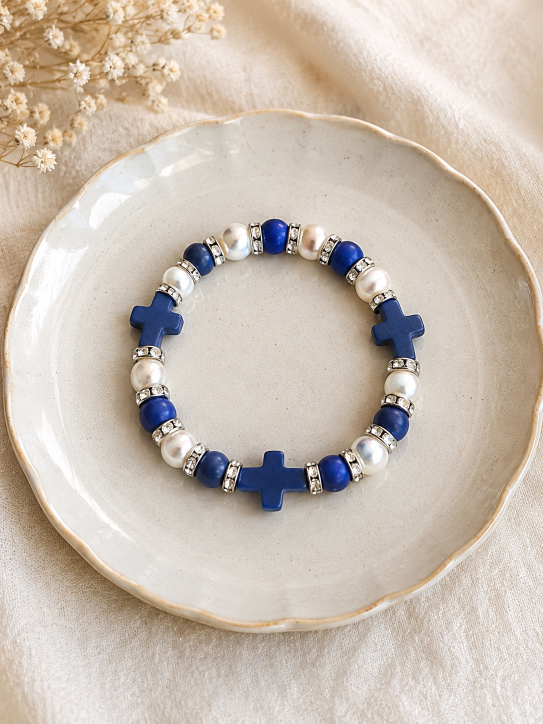 Blue Cross & Pearl Stretch Bracelet ( B 55 )